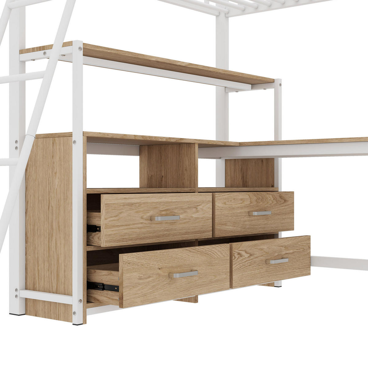 HOCHBETT 140/200 cm mit L-förmigem Schreibtisch, 4 Schubladen und MDF-/Metallgestell, Weiß - Weiß, Holzwerkstoff (140/200cm) - Redom
