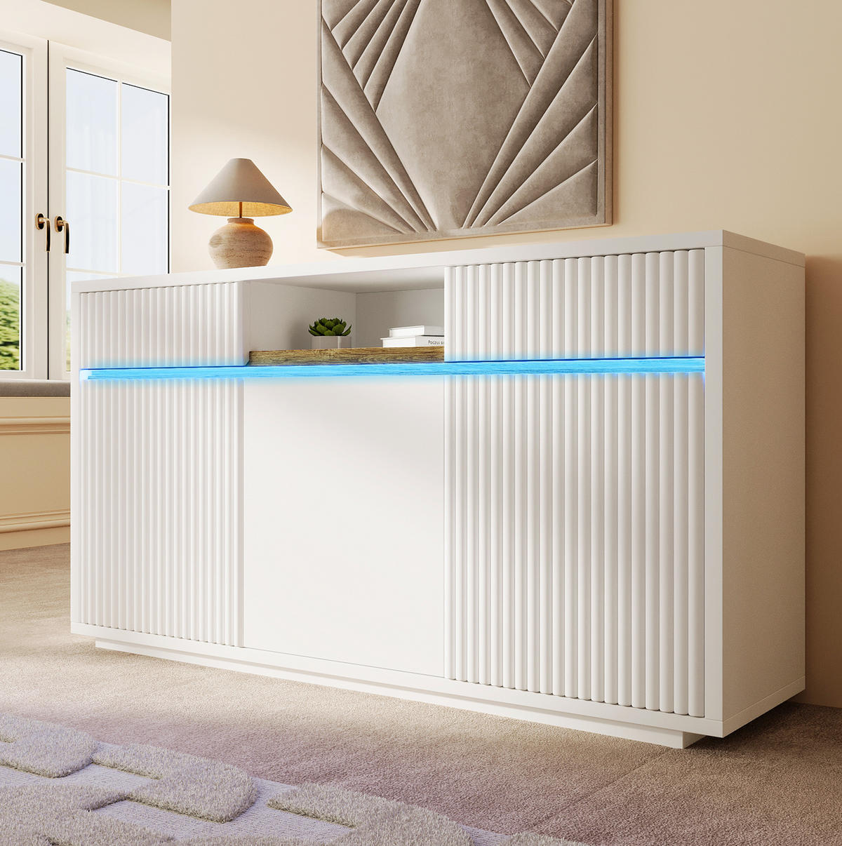 SIDEBOARD aus MDF und Spanplatte 140x40x85 cm Weiß mit LED-Beleuchtung, 2 Schubladen und verstellbaren Einlegeböden - Weiß, Holzwerkstoff (140/85/40cm) - Modfu