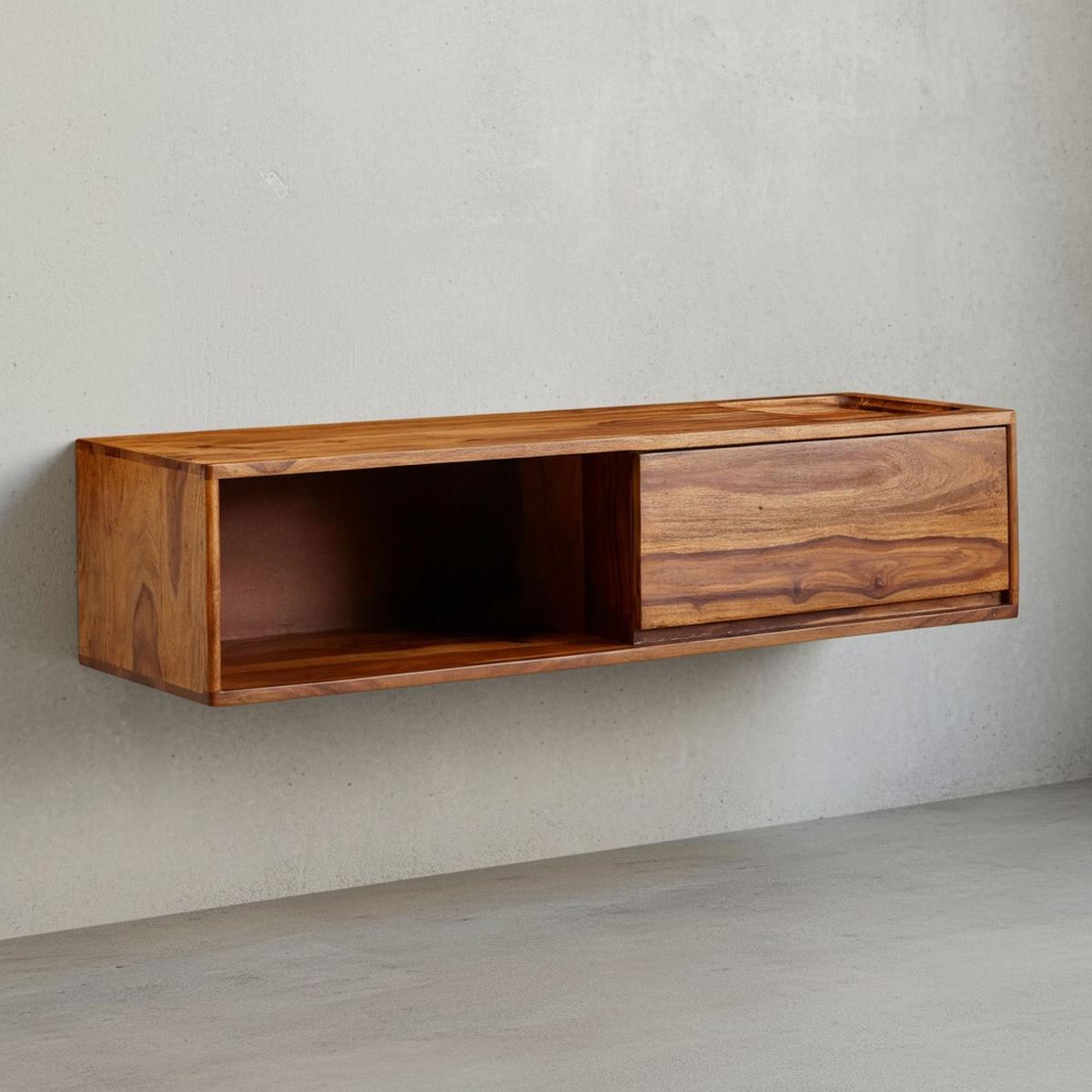 LOWBOARD Massivholz Modern Stil für Fernseher bis 50 Zoll mit Schublade und offenem Fach - Braun, Holz (108/25/34cm) - KADIMA DESIGN