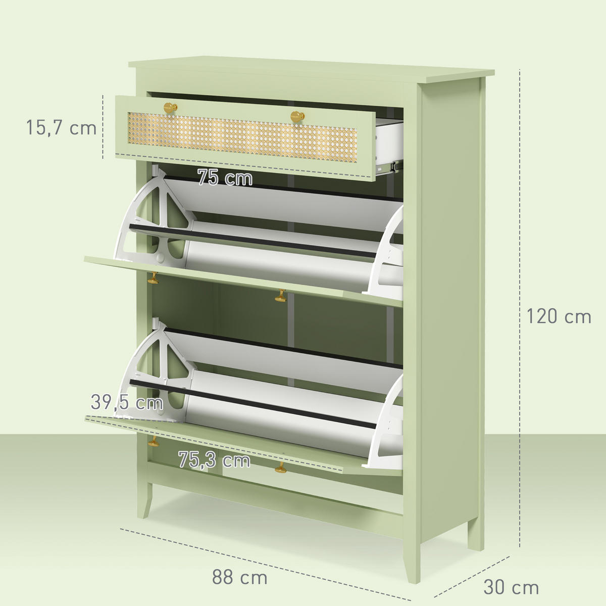 SCHUHSCHRANK aus Holz 88x30x120cm in Grün mit 2 Klappen & Schublade - Grün, Holz (88/120/30cm) - Modfu