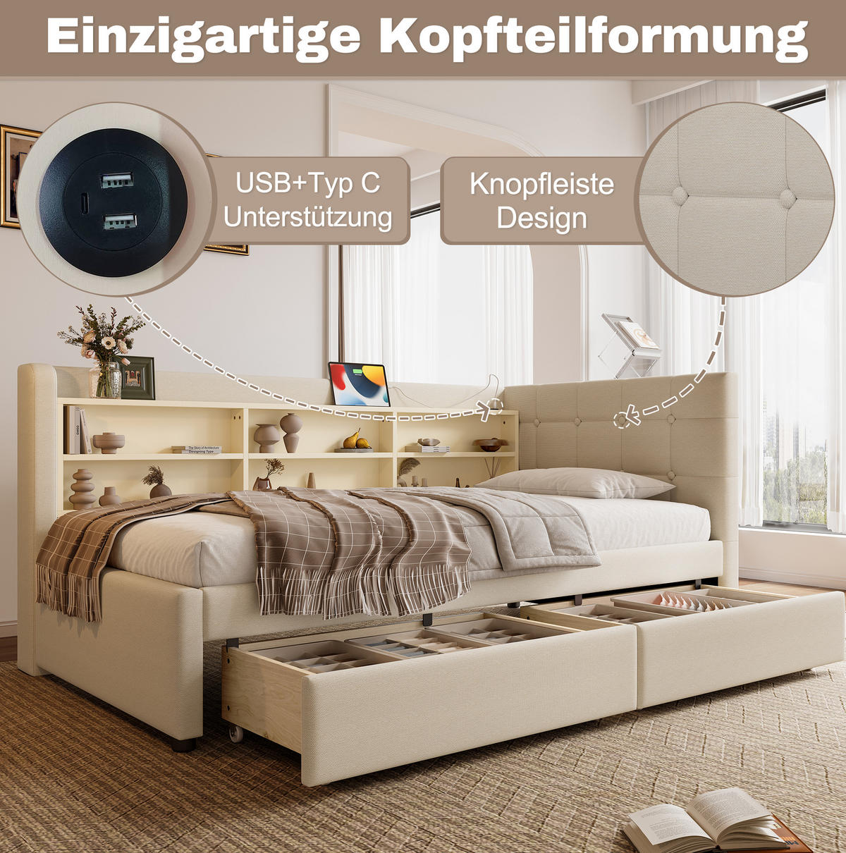 POLSTERBETT 90/200 cm Beige aus Leinen mit 2 Schubladen - Beige, Textil (90/200cm) - OKMYHOME