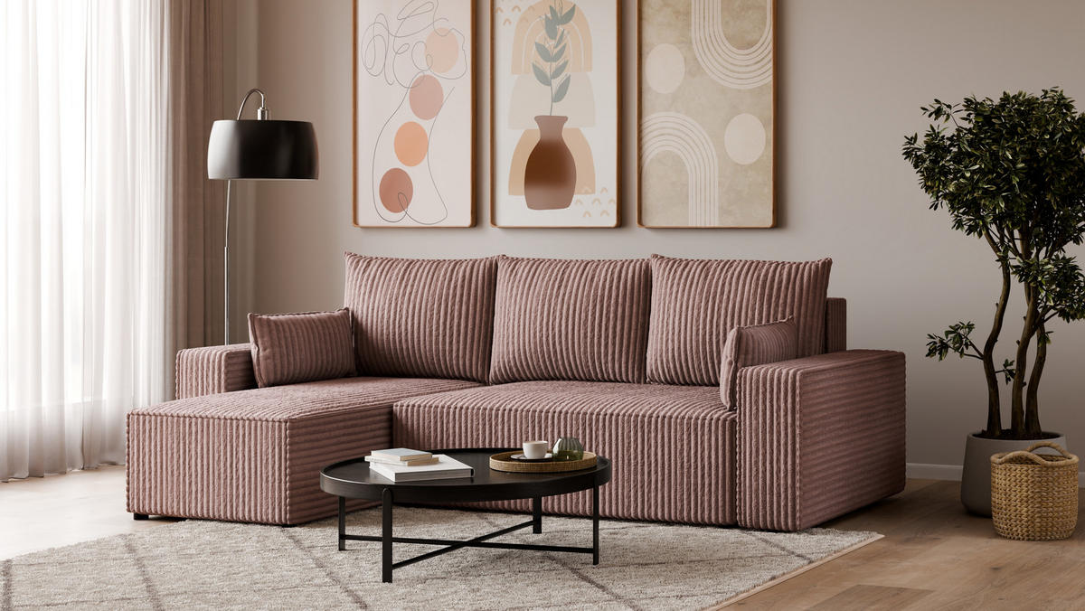 ECKSOFA Tobi mit Bettkasten und Schlaffunktion, L-Form, Cordstoff, Universal - Roségold, Holzwerkstoff (246/145cm) - 4ALL HOME