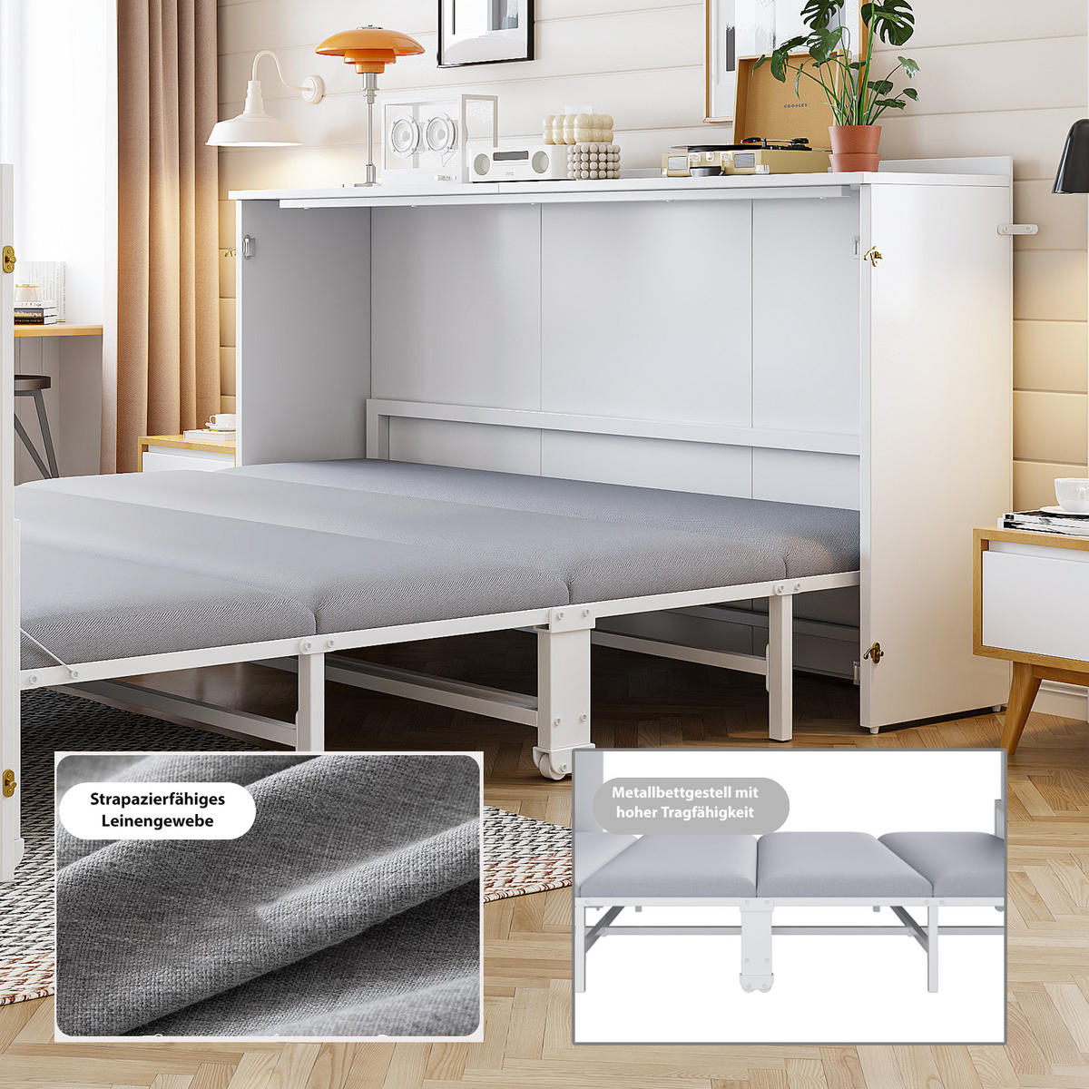KLAPPBETT 140/200 cm in Weiß mit Rollen und Leinenmatratze - Weiß, Holzwerkstoff/Textil (140/200cm) - WISHDOR