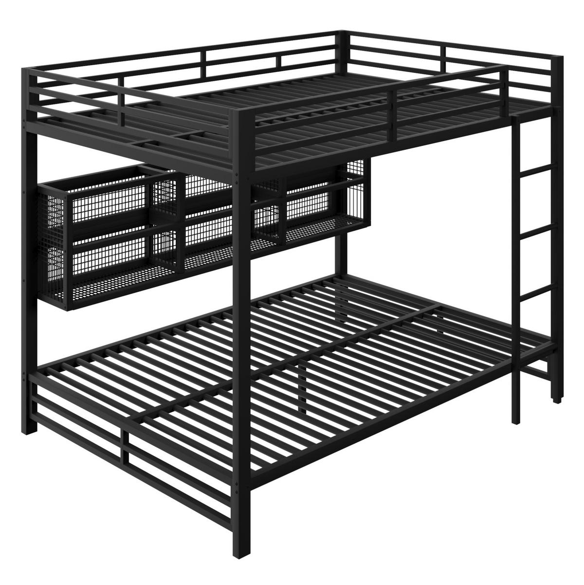 ETAGENBETT aus Metall 140x200 cm Schwarz mit 6 Stauraumschränken, Schutzgittern und LED-Beleuchtung - Schwarz, Metall (140/200cm) - Modfu