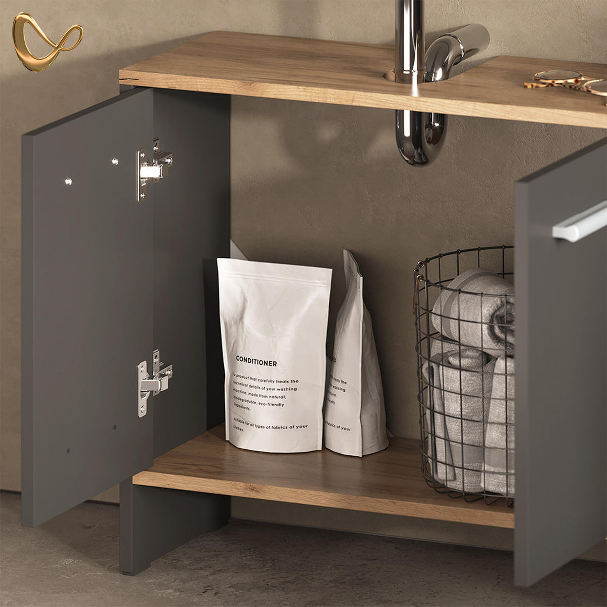 BADEZIMMERMÖBEL-SET Amalfi Anthrazit/Goldkraft Eiche 2 Teile - Honigeiche/Anthrazit, Holzwerkstoff (63.8/57/26.3cm) - Livinity®