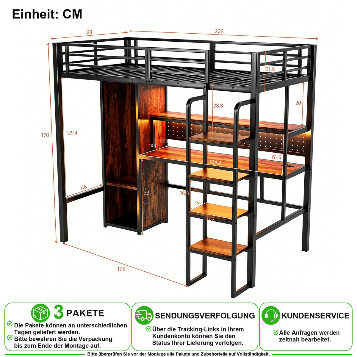 HOCHBETT 90/200 cm in Schwarz mit Schreibtisch, LED, Regal und Kleiderschrank - Schwarz, Holzwerkstoff/Metall (90/200cm) - CHICFURN