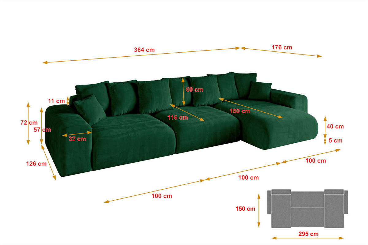 ECKSOFA Ottomane rechts ESKAR-L2 364x176x72 Dunkelgrün Cord - Dunkelgrün/Schwarz, Holzwerkstoff/Kunststoff (176/364cm) - ALTDECOR
