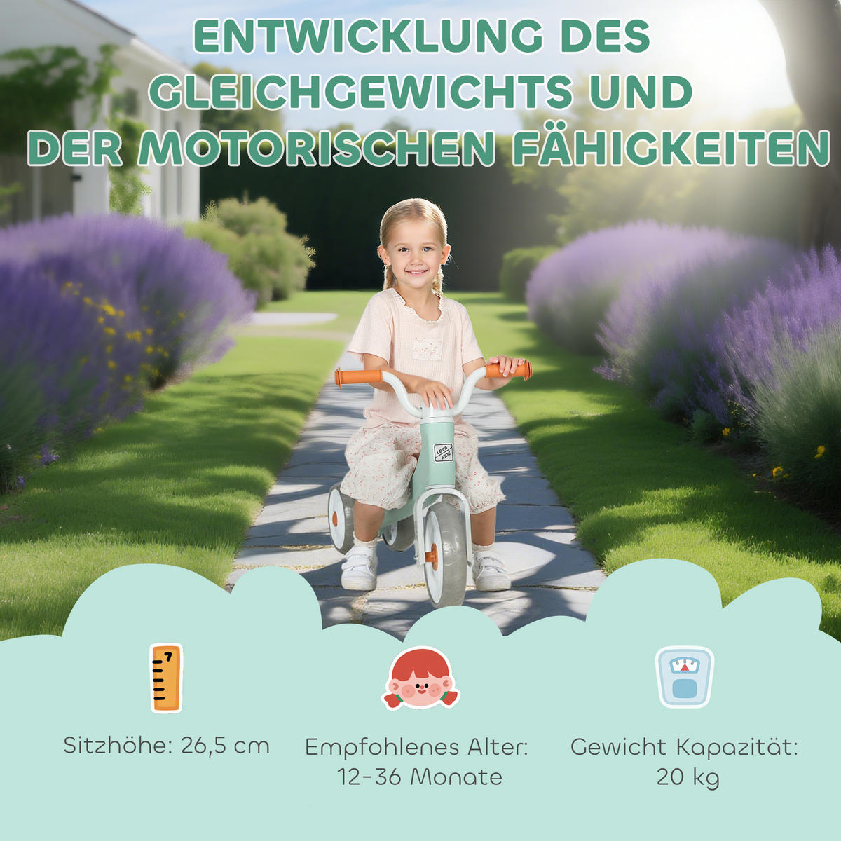 KINDER-LAUFRAD, Lauflernrad für 12-36 Monate Kinder, mit 3 geräuscharme Räder - Grün, Metall (69/40/49cm) - AIYAPLAY