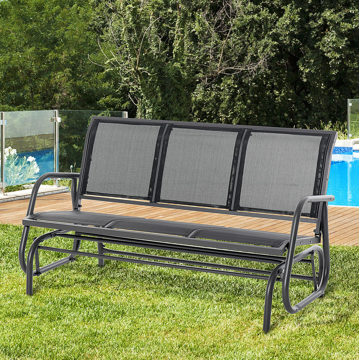 GARTENSCHAUKELBANK aus Metall 147x75x85 cm Schwarz mit Schaukelfunktion und atmungsaktivem Netzbezug - Schwarz, Metall (75/85/147cm) - Modfu