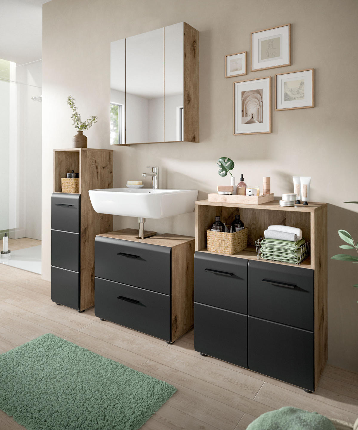 BADMÖBEL-SET 3-teilig Schwarz matt, Eiche Nox, Badezimmer mit viel Stauraum und Vollauszug Schubkästen 105 x 185 cm - Eichefarben/Schwarz, Glas/Holzwerkstoff (105/185/30cm) - Inn.Furn