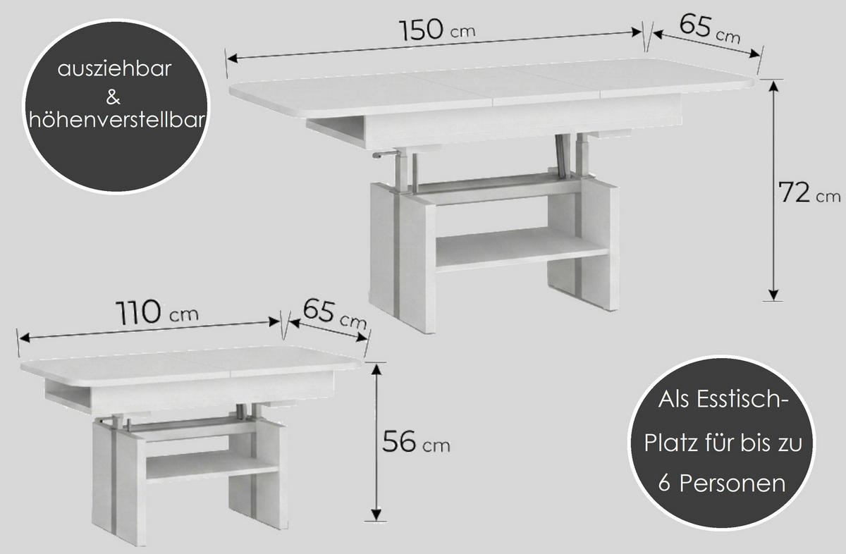 COUCHTISCH rechteckig ausziehbar höhenverstellbar Ablage 110/64/56 cm - Eichefarben, Holzwerkstoff (65/110/56cm) - designimpex