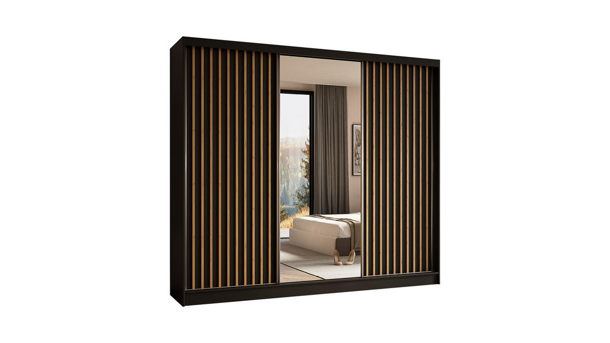 KLEIDERSCHRANK mit Spiegel-Schiebetüren und Aluminium-Leisten, LED-Beleuchtung -LAMELO- 240 cm Schwarz+Schwarz+Artisan - Schwarz/Eiche Artisan, Holzwerkstoff (240/216/61cm) - ALTDECOR