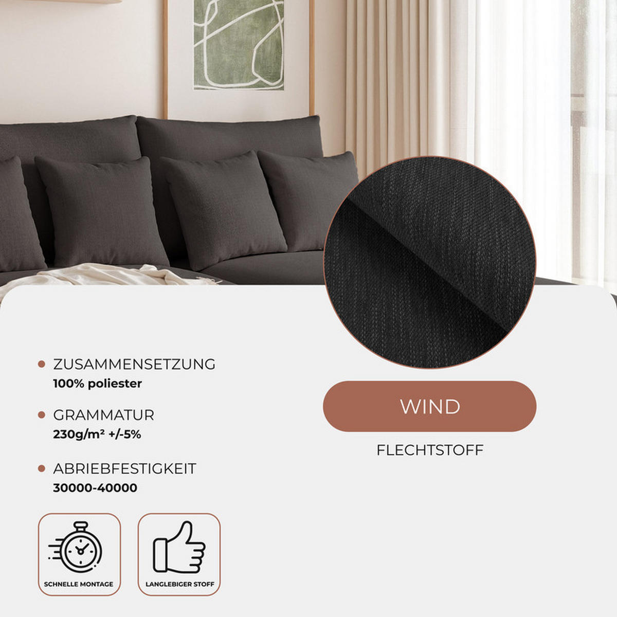 ECKSOFA ELVO mit Schlaffunktion und Bettkasten Anthrazit - Anthrazit, Holzwerkstoff/Kunststoff (208/190cm) - Idohome