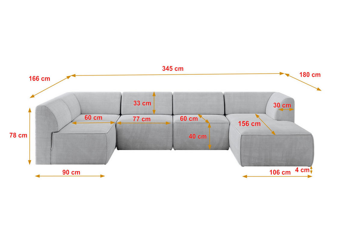 WOHNLANDSCHAFT Ottomane Rechts MOVA 345x180x78 Grau Cord - Schwarz/Alufarben, Holzwerkstoff/Kunststoff (345/78/180cm) - ALTDECOR