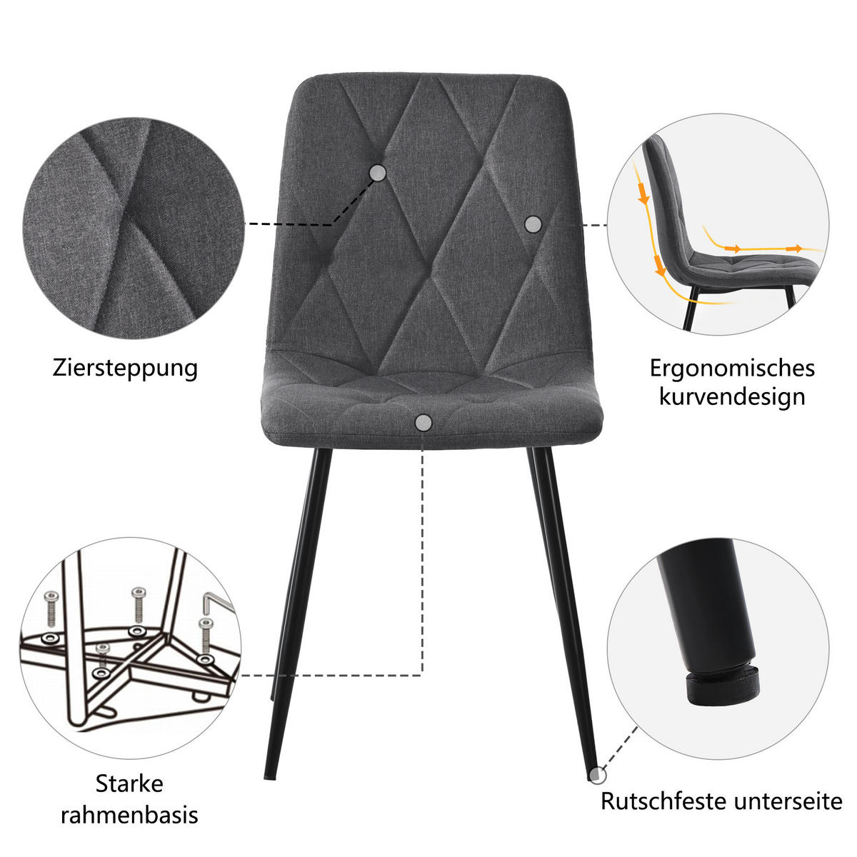 ESSZIMMERSTUHL 4-Tlg Dunkelgrau, Twill Leinen, Metallbeine - Grau, Naturmaterialien (45/86/40cm) - FLIEKS