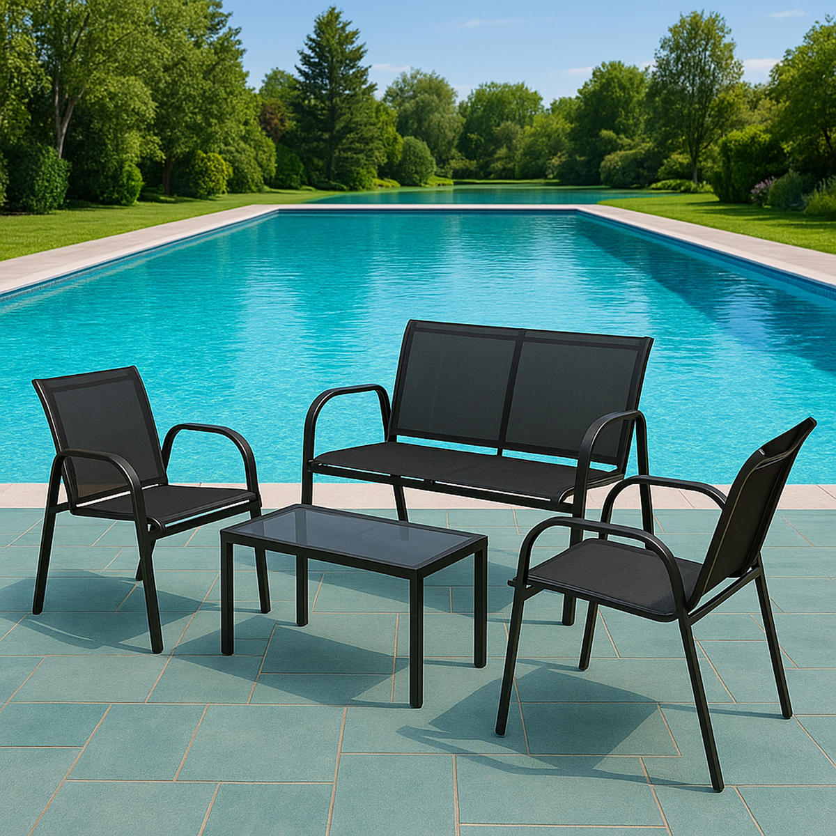 LOUNGE-SET Bath - 4-teilig - Gartenlounge Set Metall schwarz + Textilgewebe - Schwarz, Metall - TPFGarden