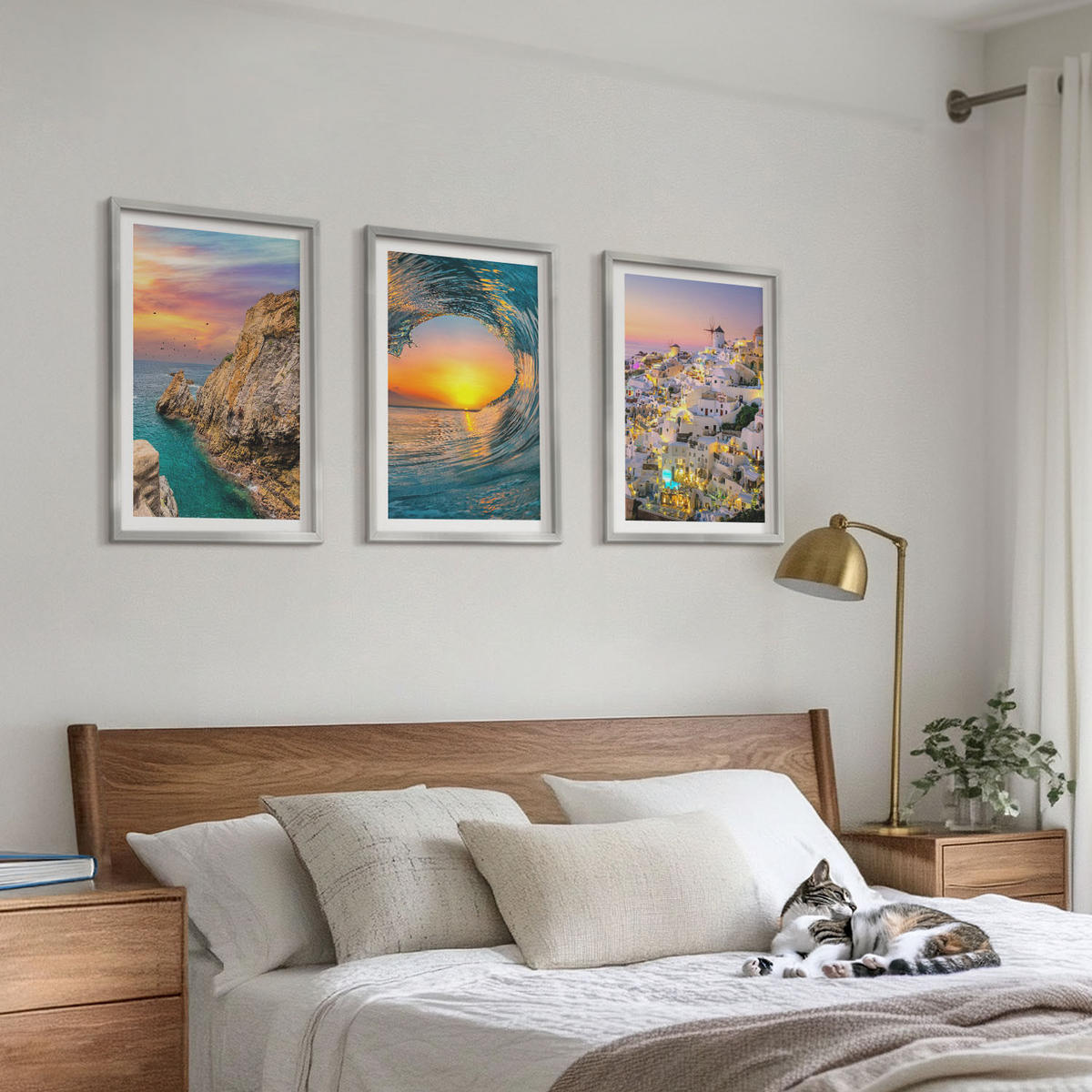 WANDBILDER 3er Set - 40x60 cm Silberner Rahmen - Meereswellen, weiße Häuser, Santorini - Silberfarben, Kunststoff (40/60cm) - ArtPrintCave