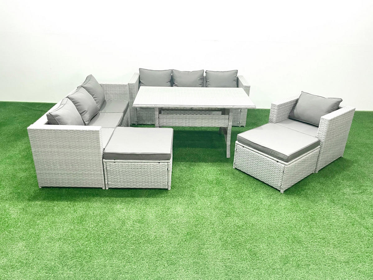 GARTENMÖBEL SET mit 3-Sitzer-Sofa und Sessel, Esstisch,2 Großer Hockern Polyrattan Hellgrau 9-Sitzer - Hellgrau/Grau, Glas/Kunststoff - Fimous