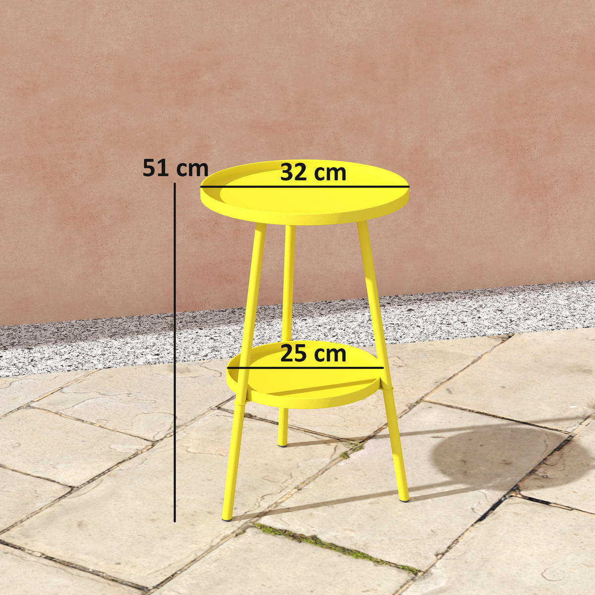 GARTENBEISTELLTISCH DE-14111 2 Ebenen, rund Gelb - Gelb, Metall (32/32/51cm) - ComfortXL