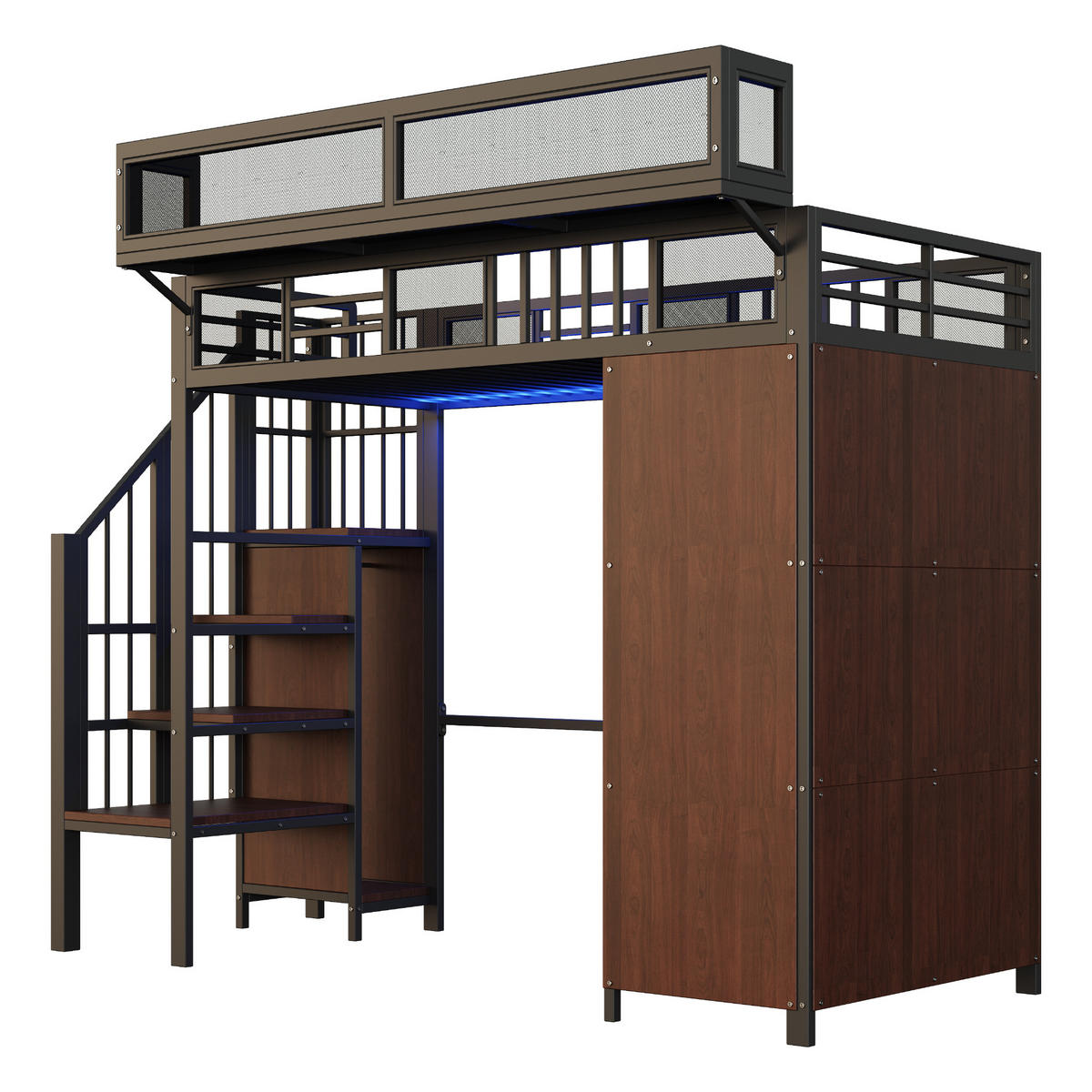 HOCHBETT 90/200 cm Schwarz mit Kleiderschrank mit LED-Beleuchtung aus Metall und Holz - Schwarz, Metall (90/200cm) - OKWISH