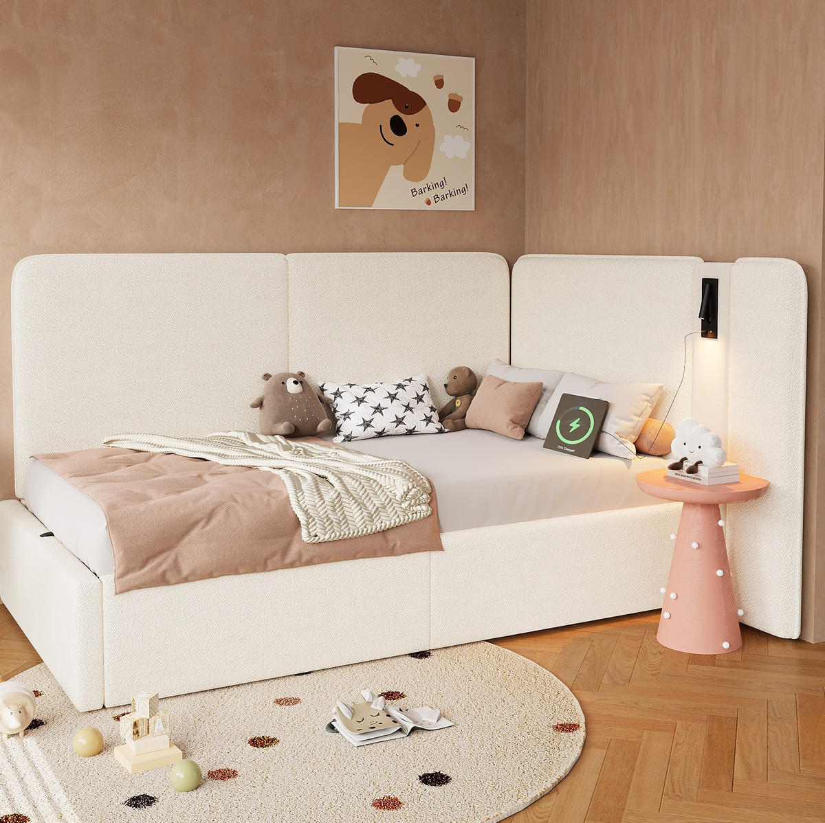 KINDERBETT Polsterbett 90/200 cm aus Bouclé mit hydraulischem Stauraum, USB-C-Anschluss und Leselampe Beige - Beige, Textil (90/200cm) - Modenvie