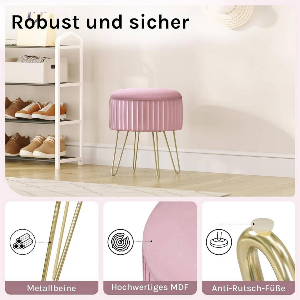 SITZHOCKER mit Stauraum, φ31,5xH37,5 cm, Rosa - Goldfarben/Rosa, Holzwerkstoff/Kunststoff (31.5/37.5/31.5cm) - Woltu