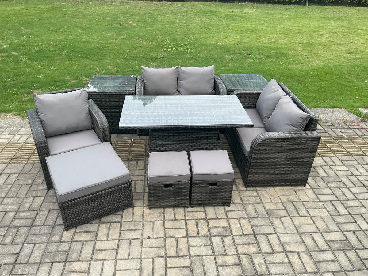 GARTENMÖBELSET Polyrattan 6-Sitzer - Dunkelgrau, Metall - Fimous