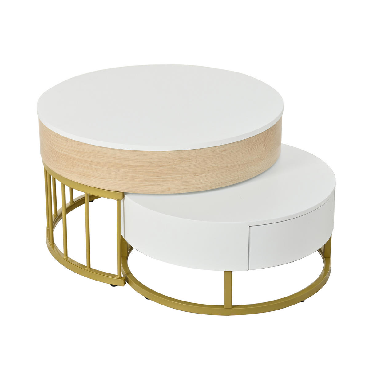 COUCHTISCH 2er-Set rund höhenverstellbar MDF Weiß Gold - Weiß, Holz (70/70/56cm) - Meubliv