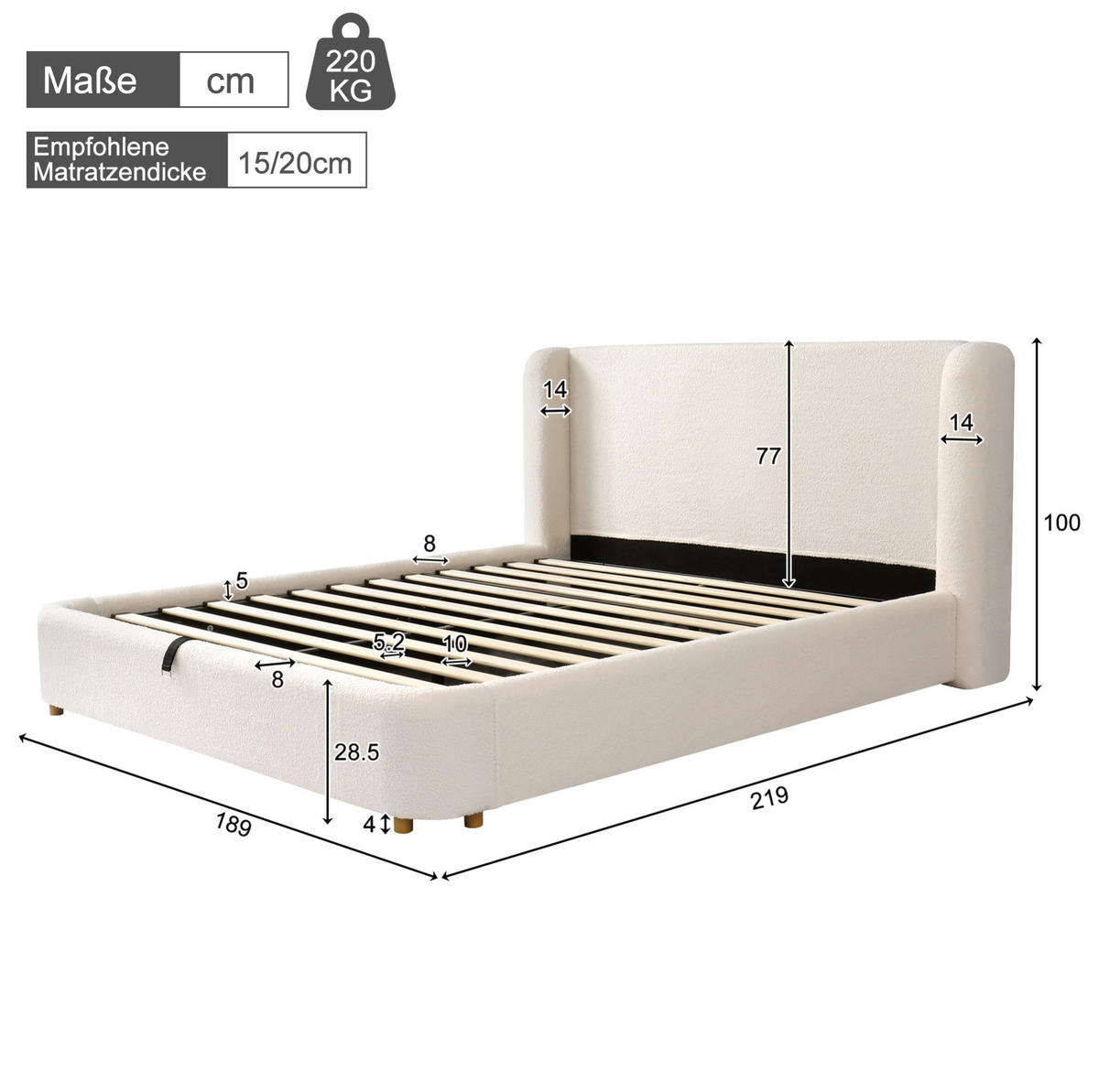 BETT mit Stauraum und Lattenrost Bouclé Beige - Beige, Metall (160/200cm) - Meubliv