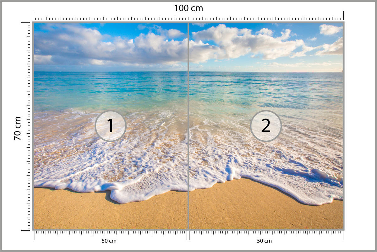 FOTOTAPETE für Wohnzimmer Türkisfarbenes Meer Wellen Goldener Strand 100x70 - Gelb/Beige, Papier (100/70cm) - Muralo