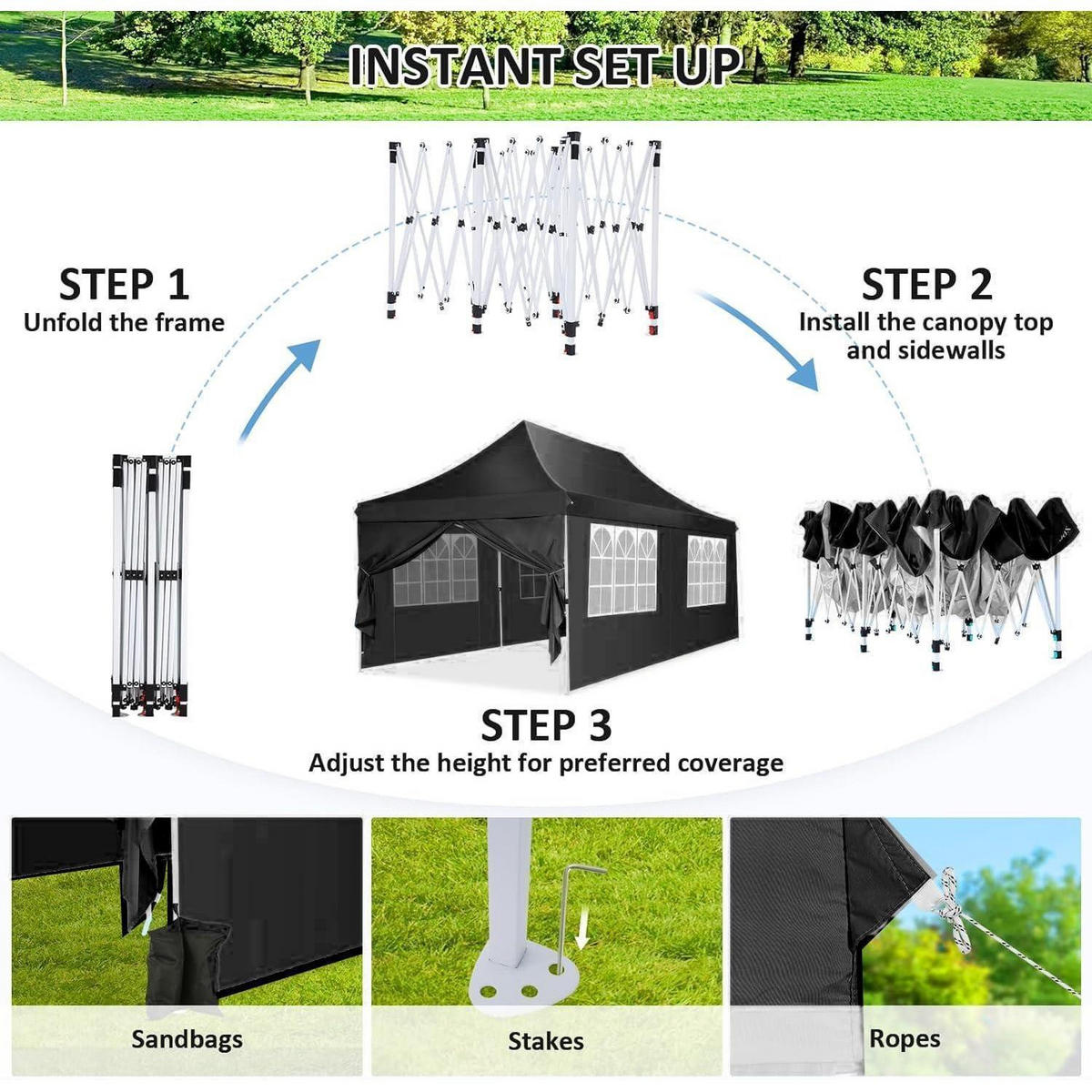 FALTPAVILLON 3x6m Wasserdicht Stabil Schwarz - Schwarz, Textil (299.7/294.6/599.4cm)