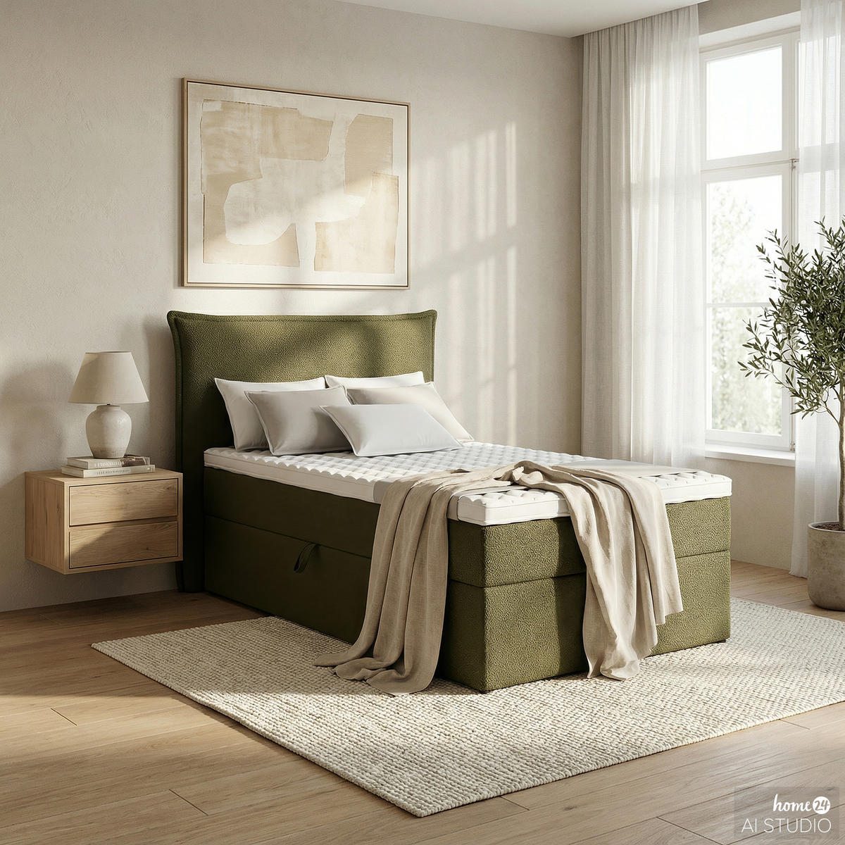 BOXBETT mit Stauraum - Bouclé - Olivgrün, Holzwerkstoff/Textil (120/200cm) - home24