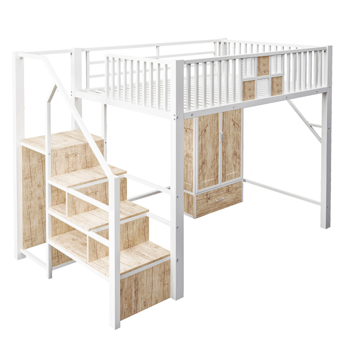 HOCHBETT 140/200 cm in Weiß mit Kleiderschrank, Schublade und Aufbewahrungsleiter aus Metall und Holz - Weiß/Naturfarben, Holzwerkstoff/Metall (140/200cm) - CHICFURN