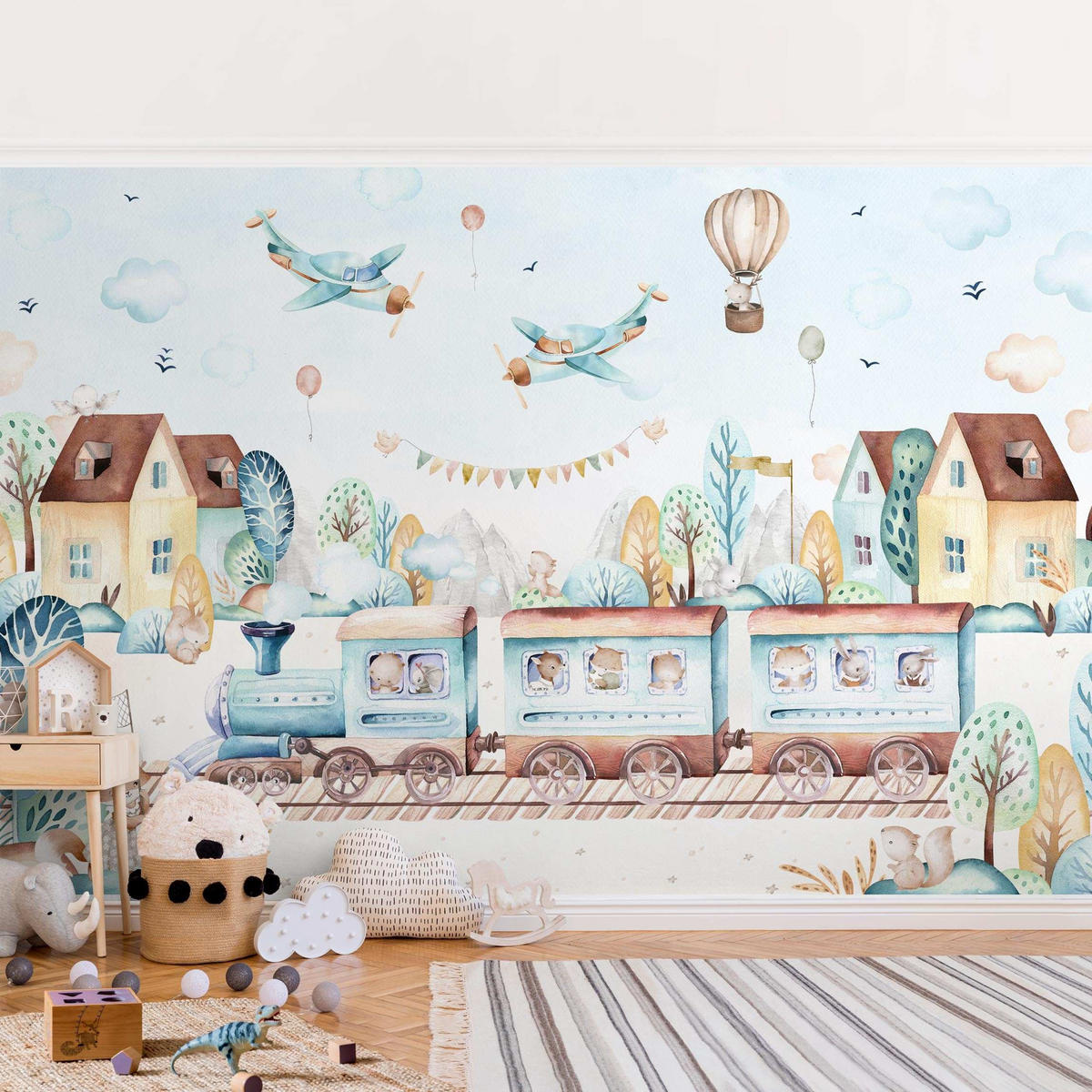 FOTOTAPETE Aquarell Eisenbahn Party 432/290 cm - Türkis, Papier (432/290cm) - Bilderwelten