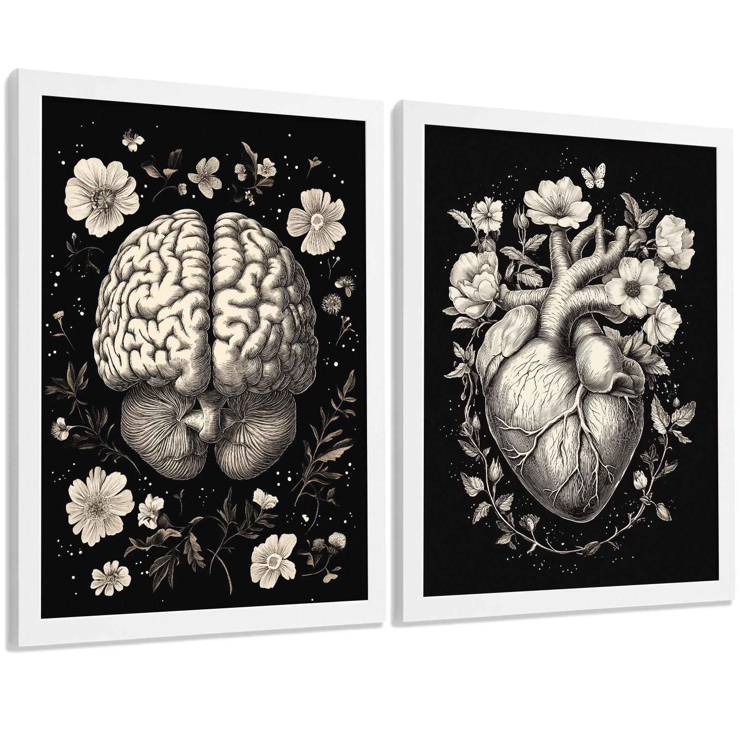 POSTER Set aus 2 Anatomie Mensch Drucke und Wandbilder mit Gehirn und Herz Monochromes Florales Design Schwarzer Hintergrund Größe Weißer Rahmen A3 - Weiß, Papier (29.7/42/3cm) - Nacnic