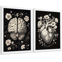POSTER Set aus 2 Anatomie Mensch Drucke und Wandbilder mit Gehirn und Herz Monochromes Florales Design Schwarzer Hintergrund Größe Weißer Rahmen A3 - Weiß, Papier (29.7/42/3cm) - Nacnic