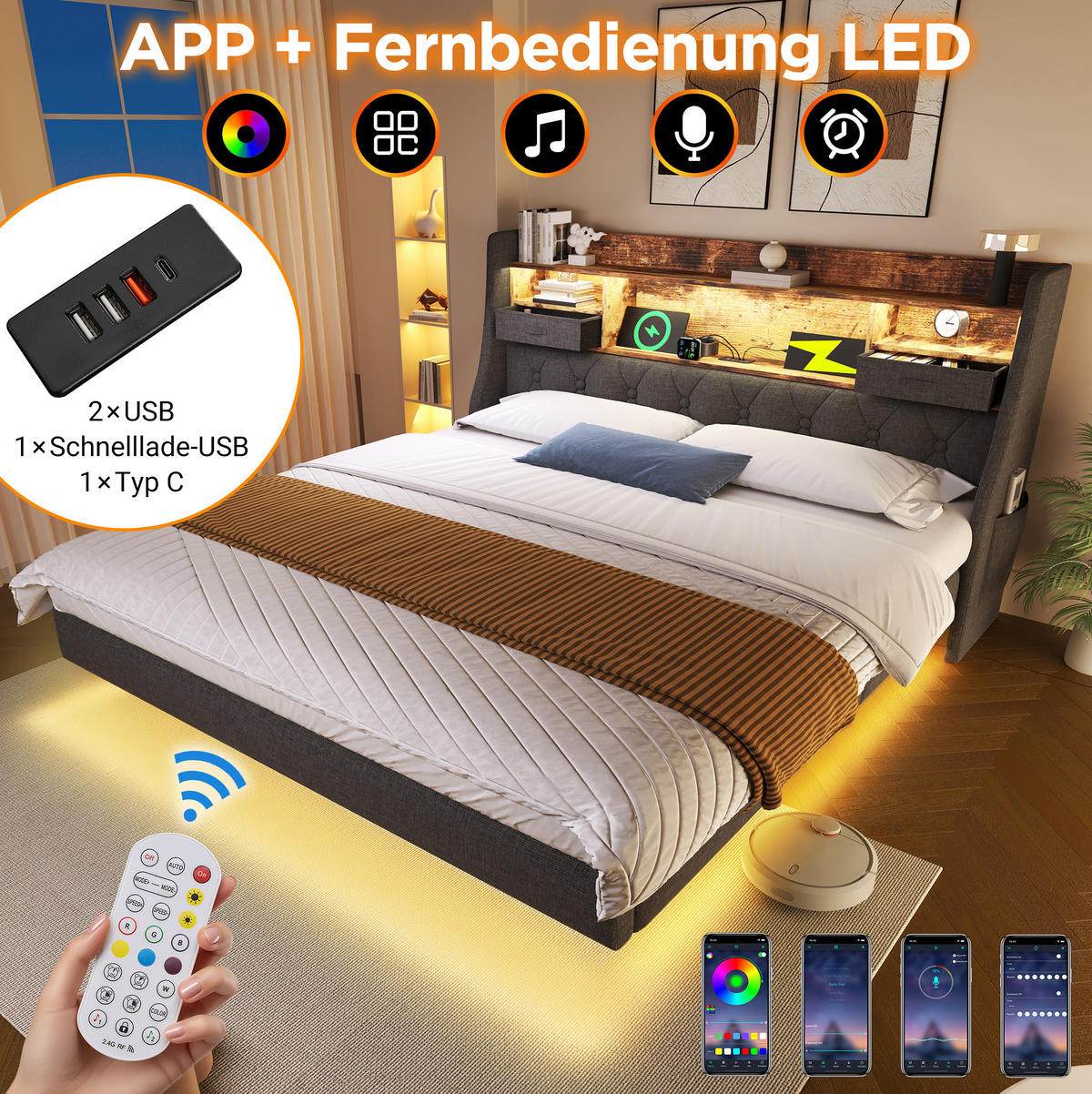 POLSTERBETT 160/200 cm grau aus Leinen mit LED, USB-C und Matratze - Grau, Textil (160/200cm) - OKWISH