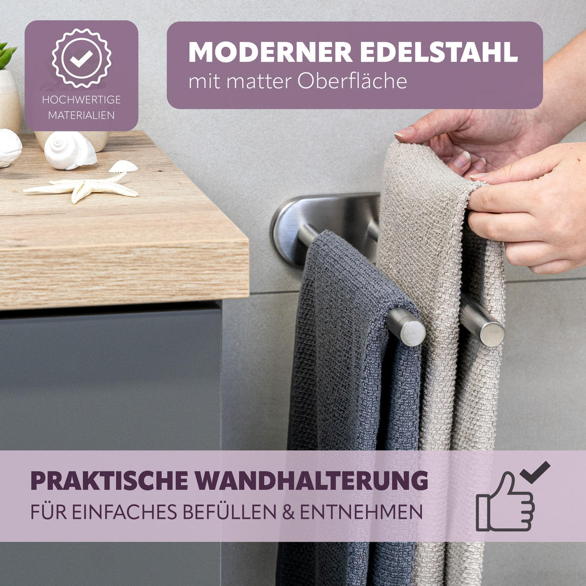 ELUNO Handtuchhalter aus Edelstahl, matt schwarz - Edelstahlfarben, Metall (6/6/50cm) - bremermann