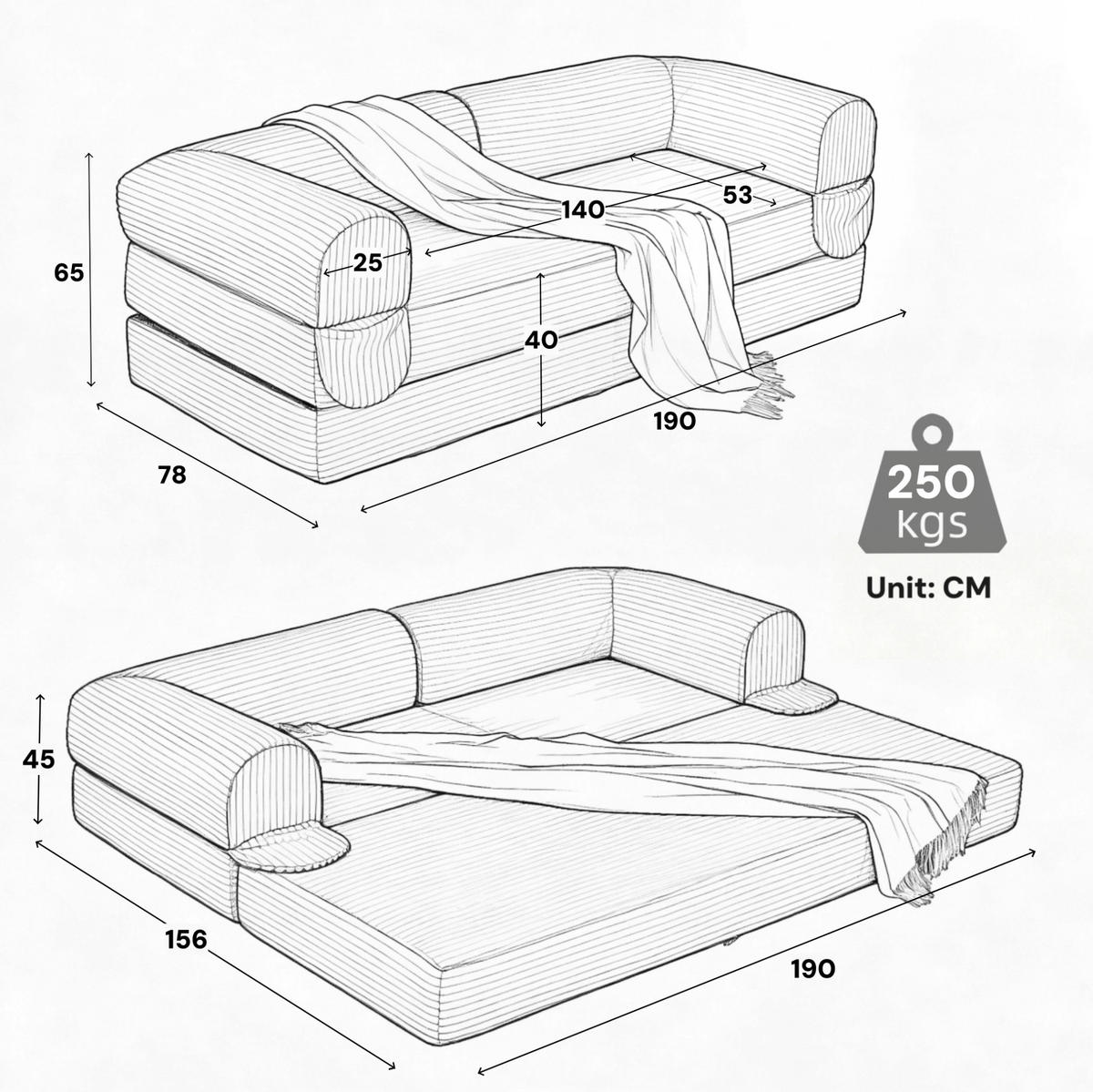 SCHLAFSOFA 2-Sitzer aus Rippcord Beige - Braun, Kunststoff (78/65/190cm) - Meubliv