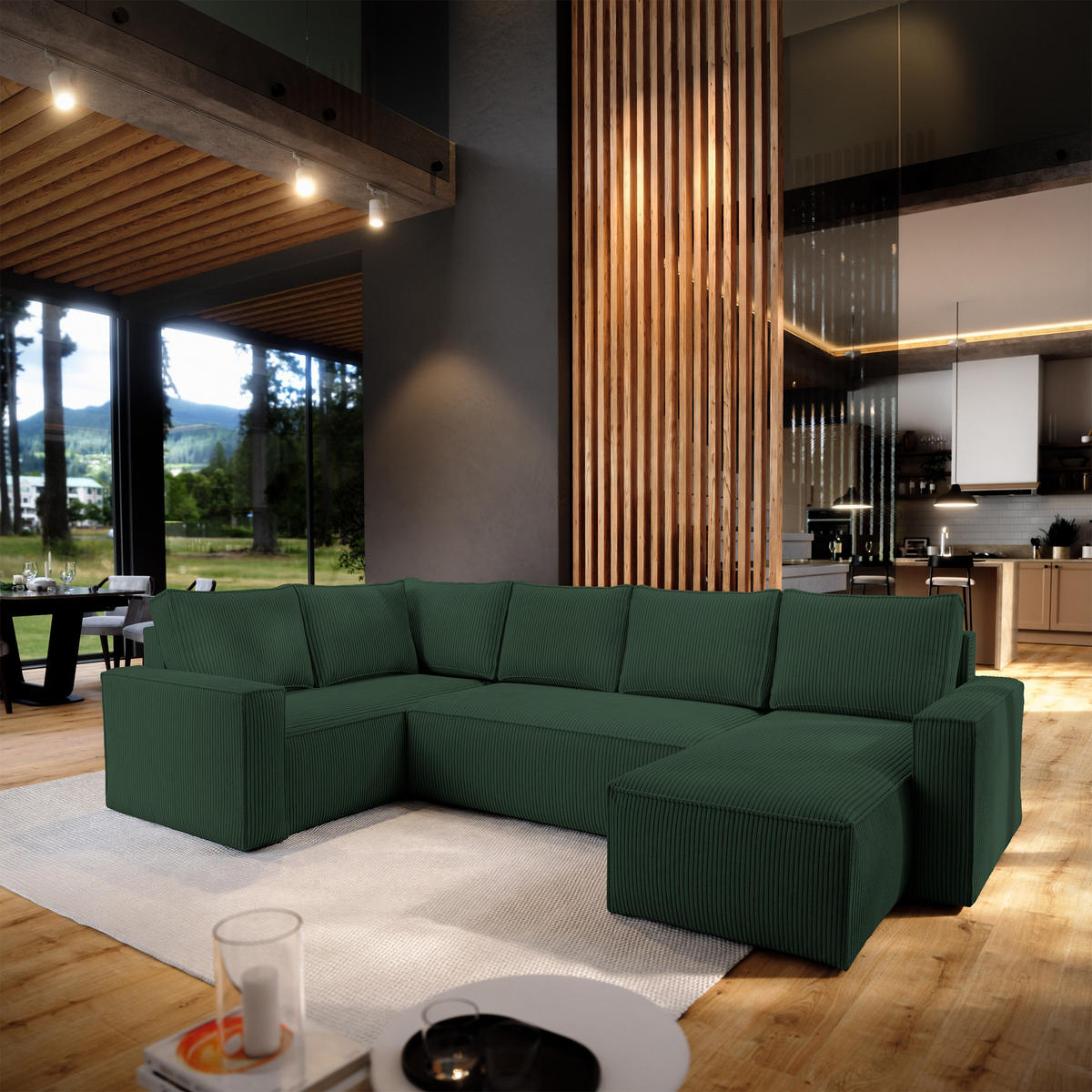 WOHNLANDSCHAFT NORENA L-S Grün Kordstoff mit Schlaffunktion - Grün, Holz (295/85/157.5cm) - MASSENO