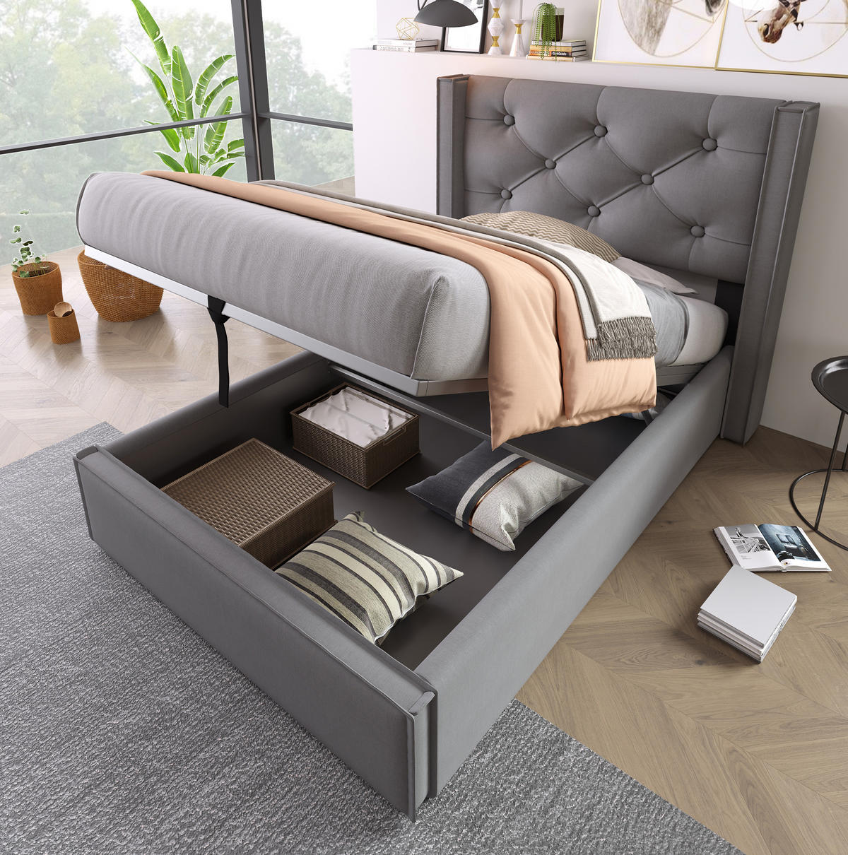 POLSTERBETT mit Bettkasten 90x200 cm Baumwolle Grau - Grau, Metall (90/200cm) - Beauniv