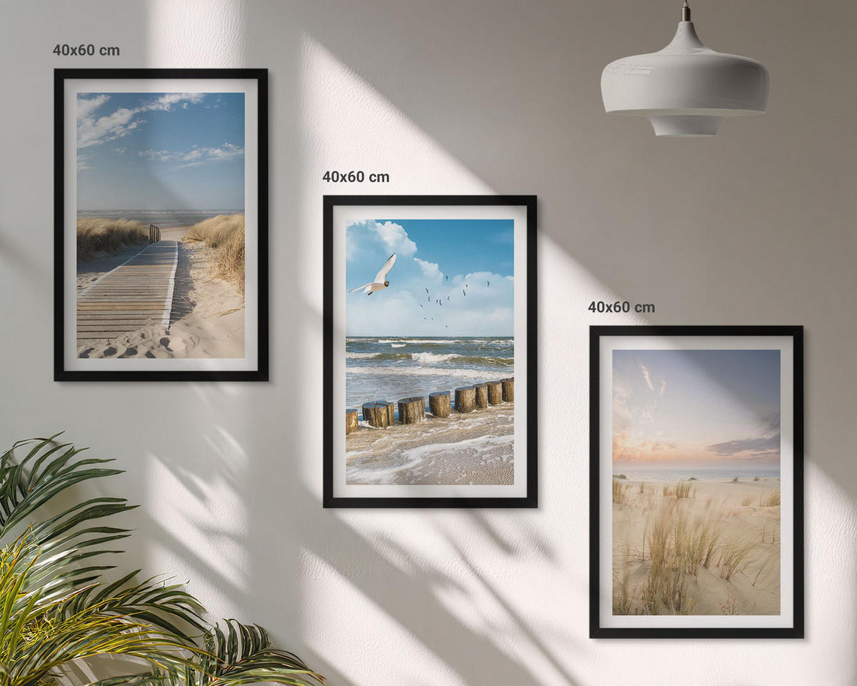 BILDER SET 3er Set - 40x60 cm Schwarzer Rahmen - Strand, Sand, Wellen, Himmel, Vögel - Schwarz, Kunststoff (40/60cm) - TULUP
