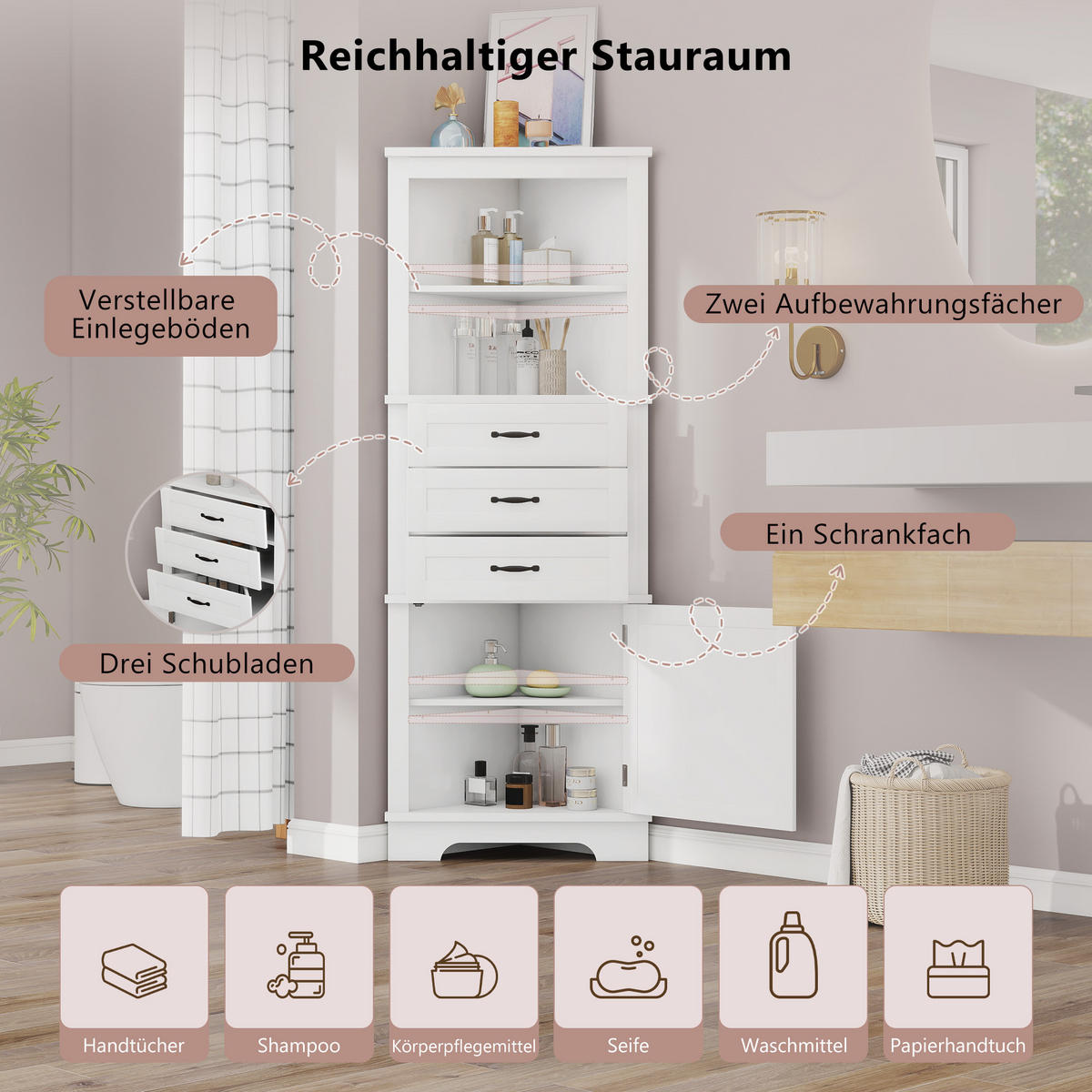 ECKSCHRANK BADEZIMMER Weiß mit 3 Schubladen & offenen Fächern - Weiß, Holzwerkstoff (57.7/167.5/46cm) - Urban Meuble