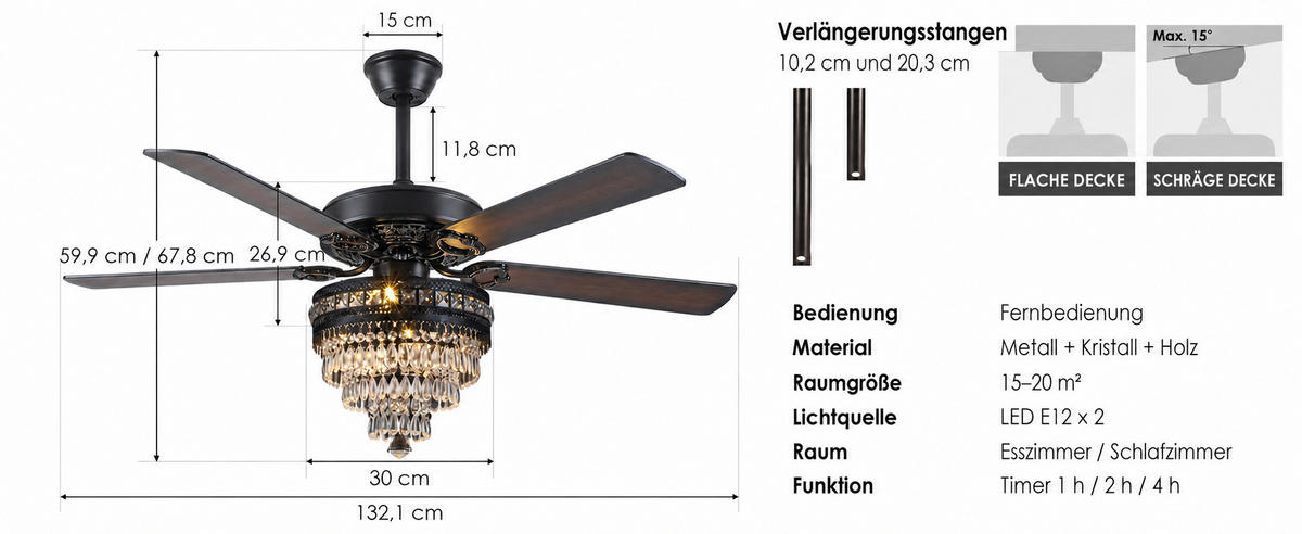 DECKENVENTILATOR Schwarz 132 cm mit Kristallleuchte und Fernbedienung - Schwarz, Metall (132.1/132.1/59.9cm) - Surtime