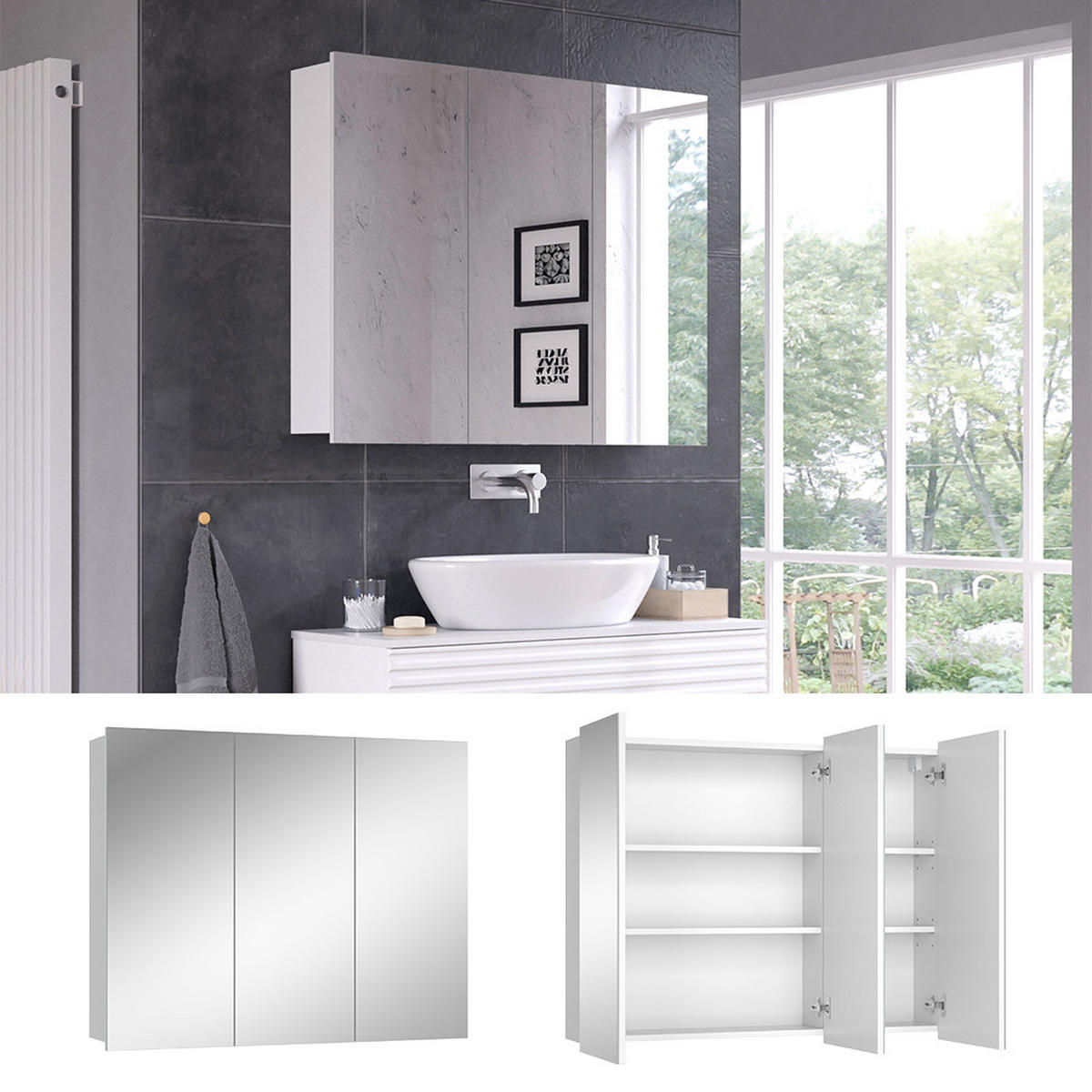 BADSPIEGELSCHRANK Sola Weiß 100 x 79.8 cm mit 3 Türen - Weiß, Glas (100/79.8/16.9cm) - Vicco