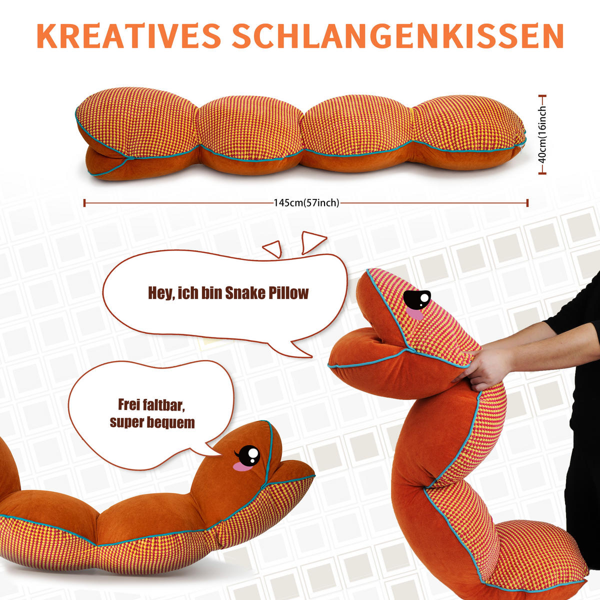 KISSEN süße Schlangenform orange 145cm - Orange, Textil (20/143cm) - Vercart