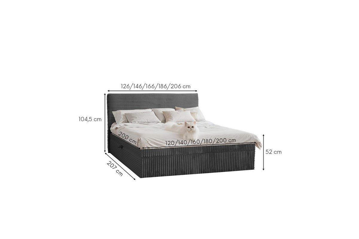 BOXBETT Bettkasten Und Topper TRENTO Ohne Bein Stoff Plüsch Cord 200x200 cm Graphit H2-Pocket - Graphitfarben, Holz/Textil (200/200cm) - Kaiser Möbel