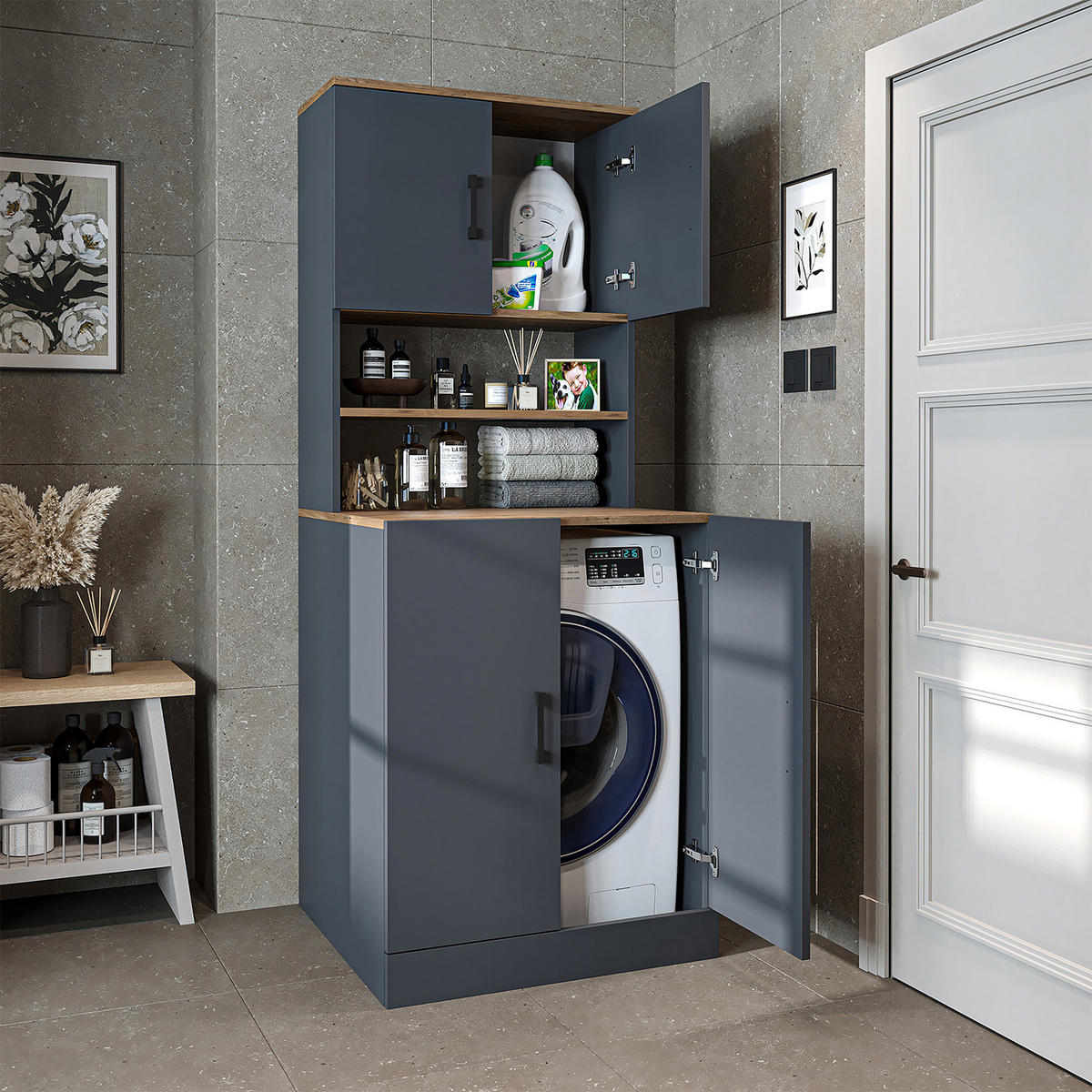 WASCHMASCHINENSCHRANK Atlantic I 70cm Breit, 180cm Hoch - Anthrazit, Holzwerkstoff (70/180/69cm)