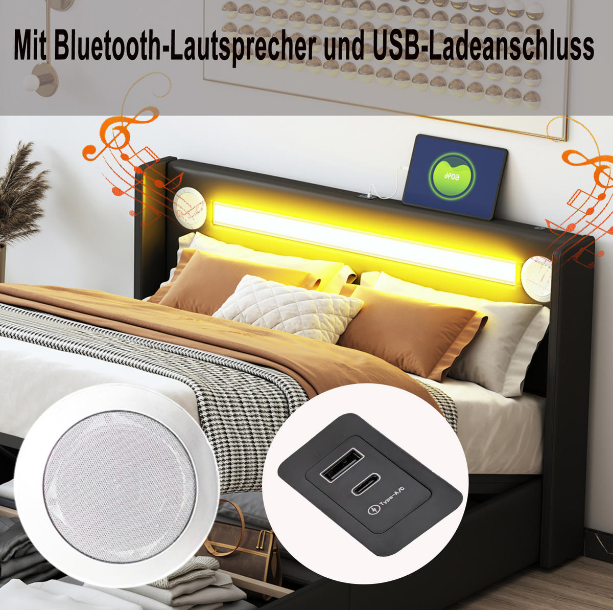 POLSTERBETT 140/200 cm Schwarz aus PU-Leder mit Stauraum - Schwarz, Kunststoff (140/200cm) - OKMYHOME