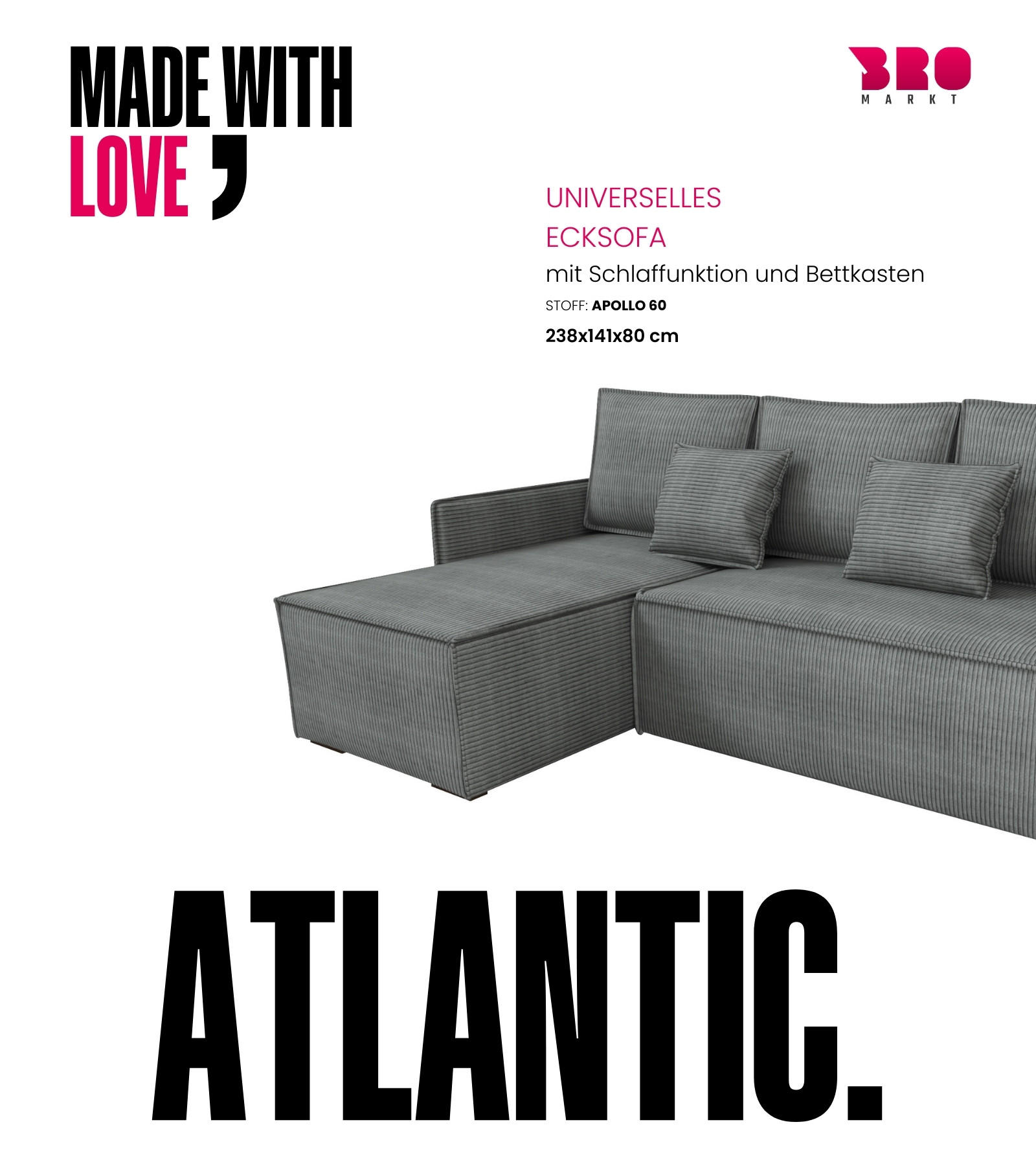 ECKSOFA Atlantic mit Schlaffunktion Grau Cord - Grau, Textil (238/141cm) - Bromarkt